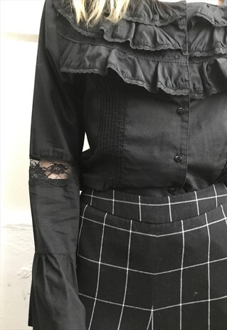 VINTAGE 90' UNIQUE ELEGANT BLACK BLOUSE WITH LACE COLLAR