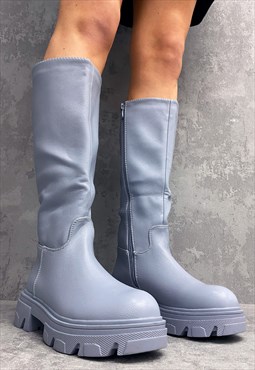 Grey Chunky Sole Side Zip Wellie Boots