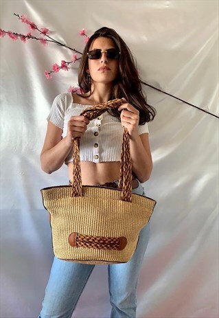 VINTAGE 90S STRAW BEACH TOTE BAG