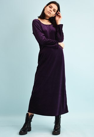 90'S RETRO MINIMALIST VELVET GRUNGE PURPLE MAXI DRESS