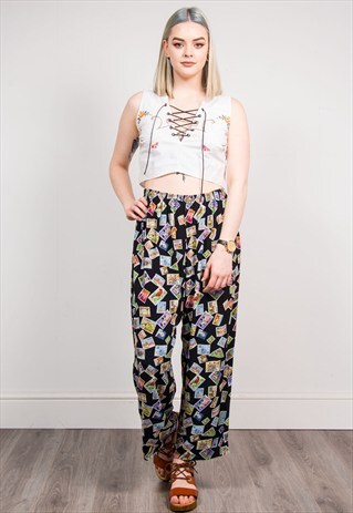 VINTAGE BLACK STAMP PATTERN WIDE LEG LOOSE FIT TROUSERS
