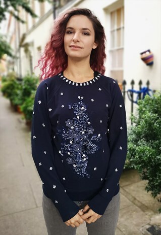 HAND STITCHED 3D FLOWER LACE AND RHINESTONES BLACK JUMPER