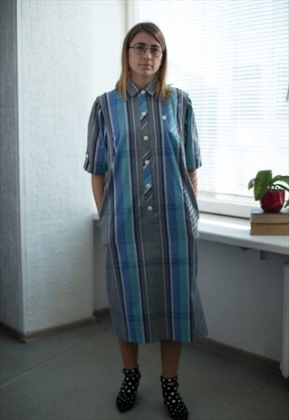 VINTAGE 80'S MIDI BLUE CHECKED DRESS
