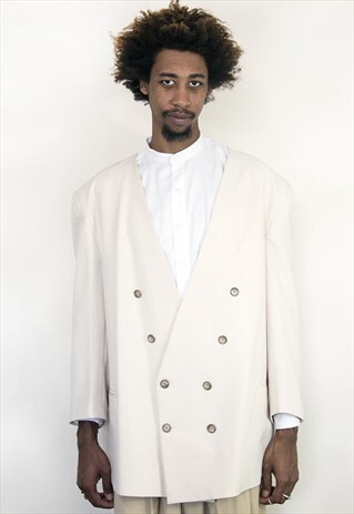 80S MINIMALIST BEIGE LAPEL LESS DOUBLE BREASTED BLAZER XXL
