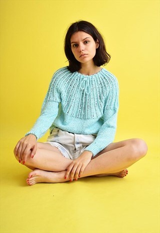 70'S PASTEL BLUE HANDMADE JUMPER TOP IN CROCHET