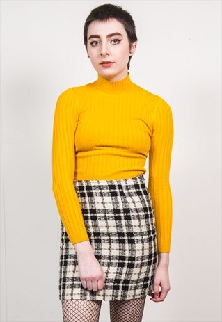 90'S WHITE & BLACK CHECK TARTAN HIGH WAIST MINI SKIRT