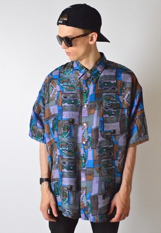 VINTAGE 80S ABSTRACT SILK SHORT SLEEVE SHIRT