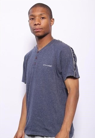 VINTAGE CHAMPION TAPE LOGO BUTTON NECK T-SHIRT BLUE