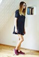 NAVY BLUE SOFT VELOUR DRESS WITH WHITE POLKA DOTS