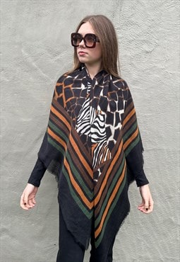 Vintage 70's Black White Orange Abstract Print Wool Scarf