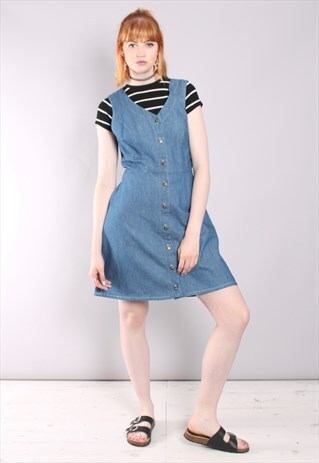 VINTAGE 80S DENIM TIE BACK PINAFORE BUTTON DRESS
