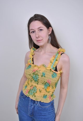 VINTAGE YELLOW TANK TOP, 90S FLORAL WATERCOLOR SLEEVELES TOP