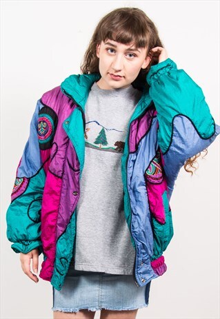 VINTAGE 80'S COLOURFUL PATTERN SKI PADDED JACKET