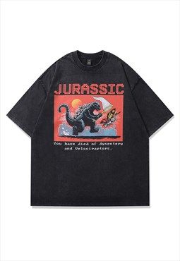 Dinosaur print t-shirt Godzilla tee Jurassic top acid grey