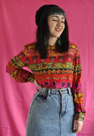 VINTAGE 1980S CROWN LION PRINT SILK TOP