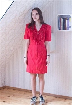 Bright red short sleeve vintage dress with ruffles