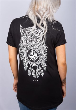OWL MANDALA BLACK LONGLINE T-SHIRT
