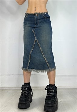 Vintage Y2k Midi Skirt Denim Distressed Boho Grunge 90s 00s