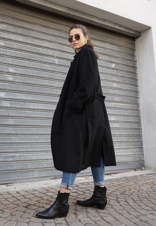 VINTAGE 80S KAMANTA WOOL LONG COAT IN BLACK WITH BELT