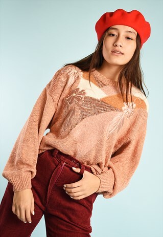 VINTAGE 80'S EMBROIDERED BEADED OVERSIZED PEACH JUMPER