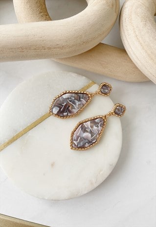 Gold Grey Faux Shell Dainty Diamante  Drop Earrings