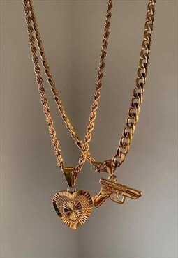 DEADLY. Gun and Heart Pendant Gold Chain Necklace Set