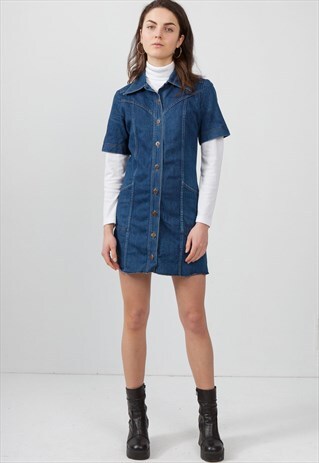 VINTAGE BLUE FINN - FLARE SHORT SLEEVE DENIM MINI DRESS