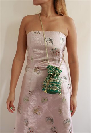 GREEN GOLD EMBROIDERY STRING POUCH PARTY BAG