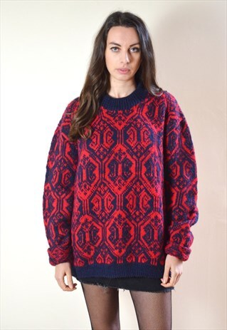 80S VINTAGE RED & NAVY ABSTRACT THICK PATTERN KNIT JUMPER