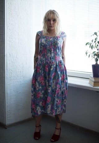 VINTAGE 90'S MULTI COLOUR FLOWER PATTERNED MIDI DRESS