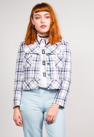 VINTAGE 70'S WHITE & BLUE CHECKED CROPPED JACKET BLAZER
