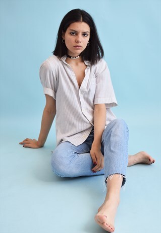90'S RETRO STRIPED PRINT OVERSIZED NEUTRAL BLOUSE TOP