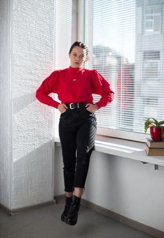 VINTAGE 80'S RED HIGH COLLAR PUFF SLEEVED JUMPER