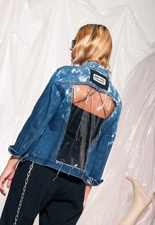 VINTAGE DENIM JACKET REWORKED CLEAR PVC OPEN BACK BLEACHED