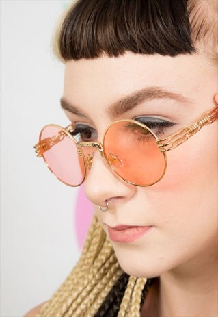 VINTAGE RETRO STYLE GOLD PINK TINTED ROUND SUNGLASSES