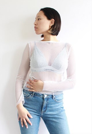WHITE MESH CROP LONG SLEEVE TOP