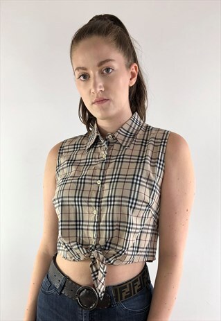 WOMENS BURBERRY SHIRT BEIGE NOVA CHECK BLOUSE CROP TOP