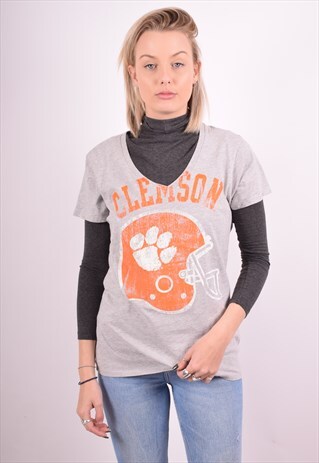 CHAMPION WOMENS VINTAGE CLEMSON T-SHIRT TOP LARGE GREY 90S