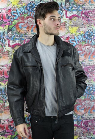 VINTAGE 80'S LEATHER BLACK UNISEX BIKER JACKET. GRUNGE