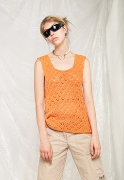 Vintage Crochet Vest 90s Preppy Handmade Waistcoat in Orange