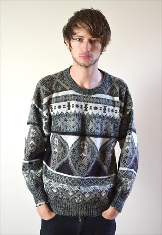 80S VINTAGE GREY & WHITE PATTERN KNIT JUMPER
