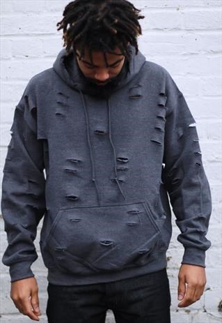 DISTRESSED DARK HEATHER GREY RETRO FIT HOODIE