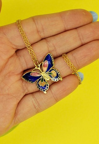 80S BLUE BUTTERFLY CLOISONNE NECKLACE BOHO CUTE PENDANT