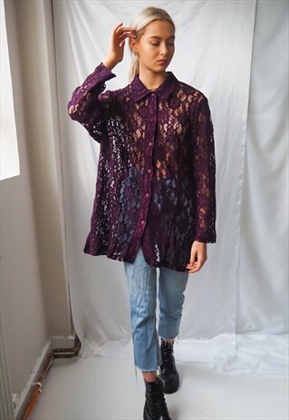 VINTAGE SEMI SHEER LACE PURPLE SHIRT