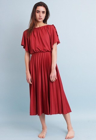 ELEGANT 70'S RETRO MINIMALIST BOHO MAROON FLARE MIDI DRESS