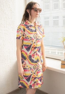 Vintage 70's Yellow Abstract Print Midi Dress