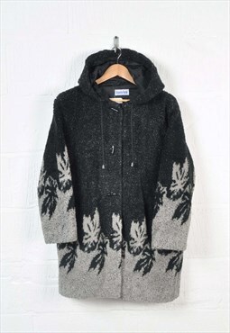 Vintage Fleece Hooded Jacket Leaf Pattern Black Ladies Large