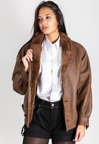 VINTAGE 80S ITALIAN SHEARLING REAL LEATHER JACKET / S9533