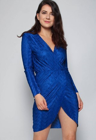 MISSI LONDON PLISSE PLEAT WRAP DRESS IN ROYAL BLUE
