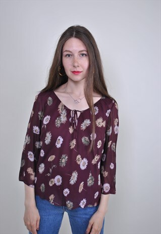 VINTAGE RED FLOWERS BLOUSE, 90S LACE CUTE SHIRT